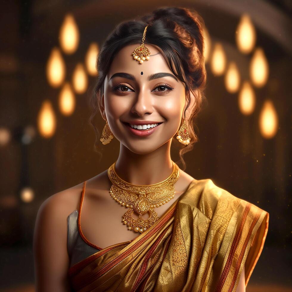 ai generativo attraente sorridente elegante ragazza nel un' bellissimo seta saree foto