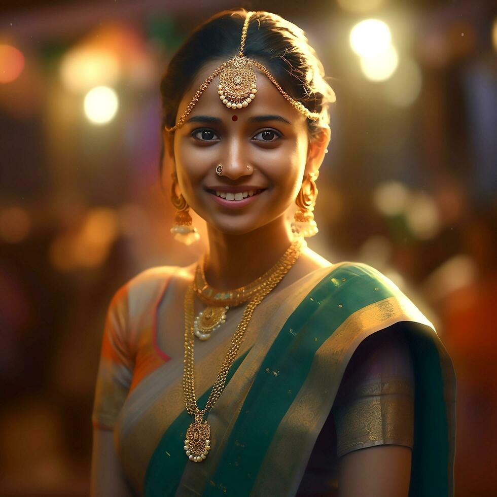 ai generativo foto di un' dall'aspetto glamour giovane sorridente ragazza indossare un' bellissimo saree su un' Marrone sfondo