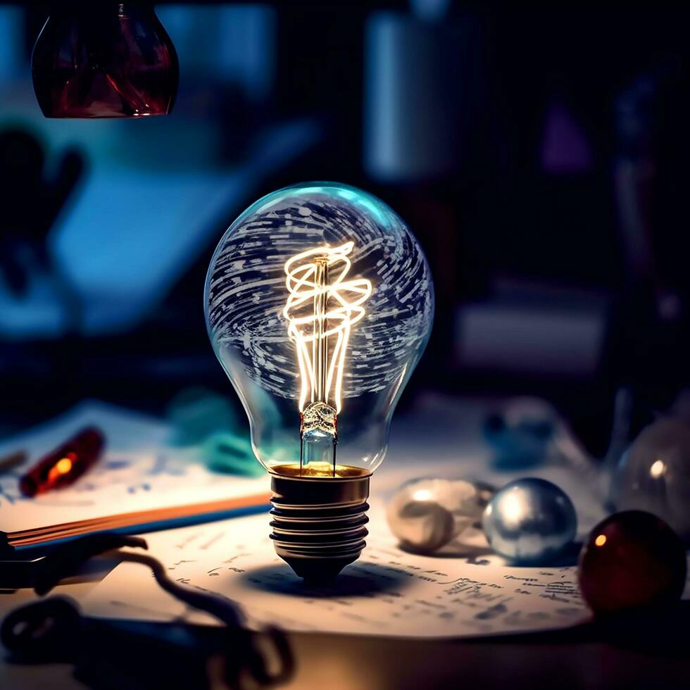 ai generativo creativo raggiante leggero lampadina su un' apprendimento scrivania foto