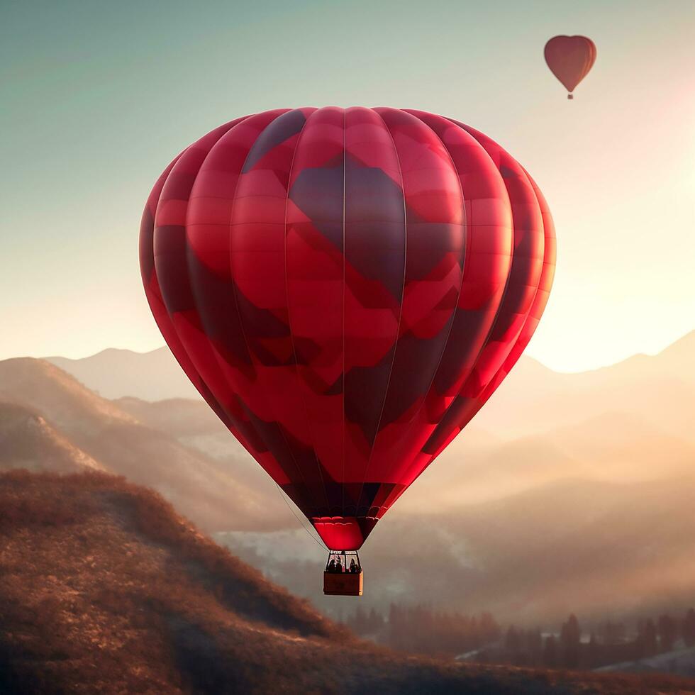 ai generativo un astratto rosso caldo aria palloncini volante solo sopra il bellissimo montagna picchi nel il sera cielo foto