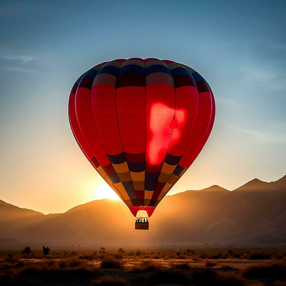 ai generativo un' bellissimo rosso tema caldo aria Palloncino in viaggio solo nel il sera cielo foto