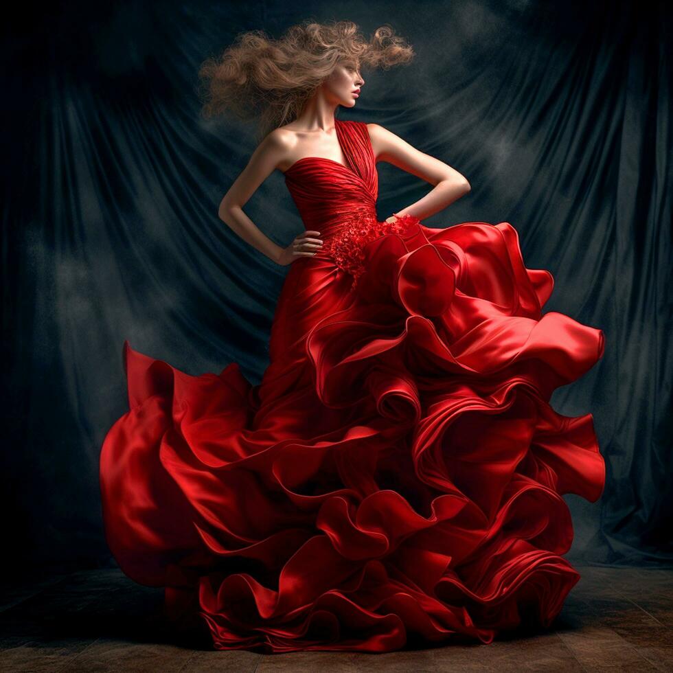 ai generativo un' bella ragazza nel un' elegante rosso arruffato vestito su un' buio sfondo foto