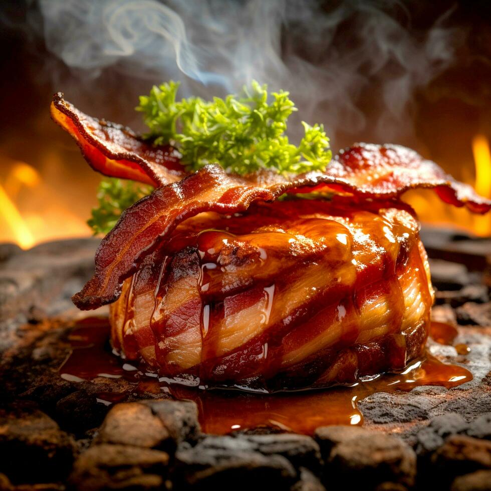 ai generativo gustoso caldo Bacon su un' sfocato fuoco sfondo foto