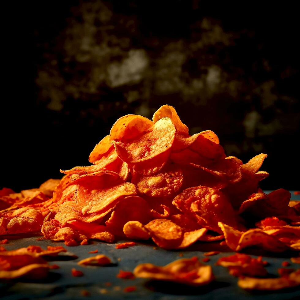 ai generativo un' torreggiante di gustoso croccante Patata patatine fritte su buio foto