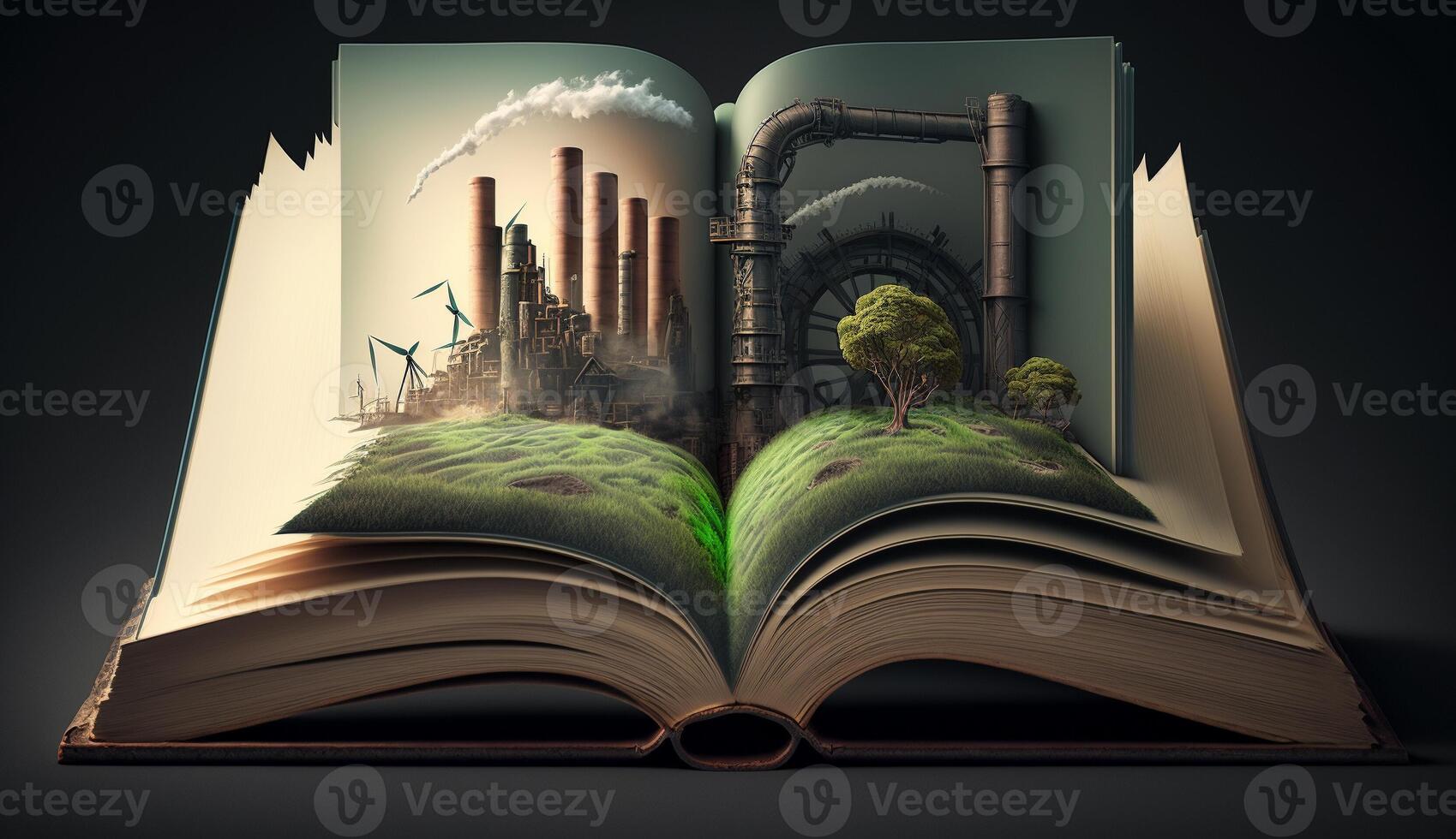 un Aperto fantasia libro illustrazione su il di fronte lato di il vecchio industriale design inquinanti con verde energia e sicuro terra. ai generativo. foto