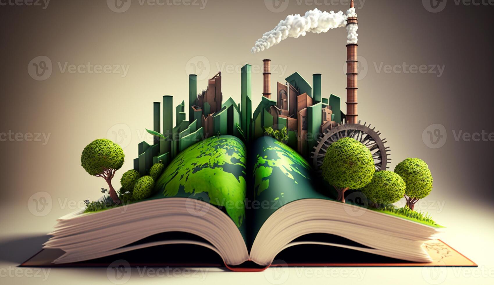 un Aperto fantasia libro illustrazione su il di fronte lato di il vecchio industriale design inquinanti con verde energia e sicuro terra. ai generativo. foto