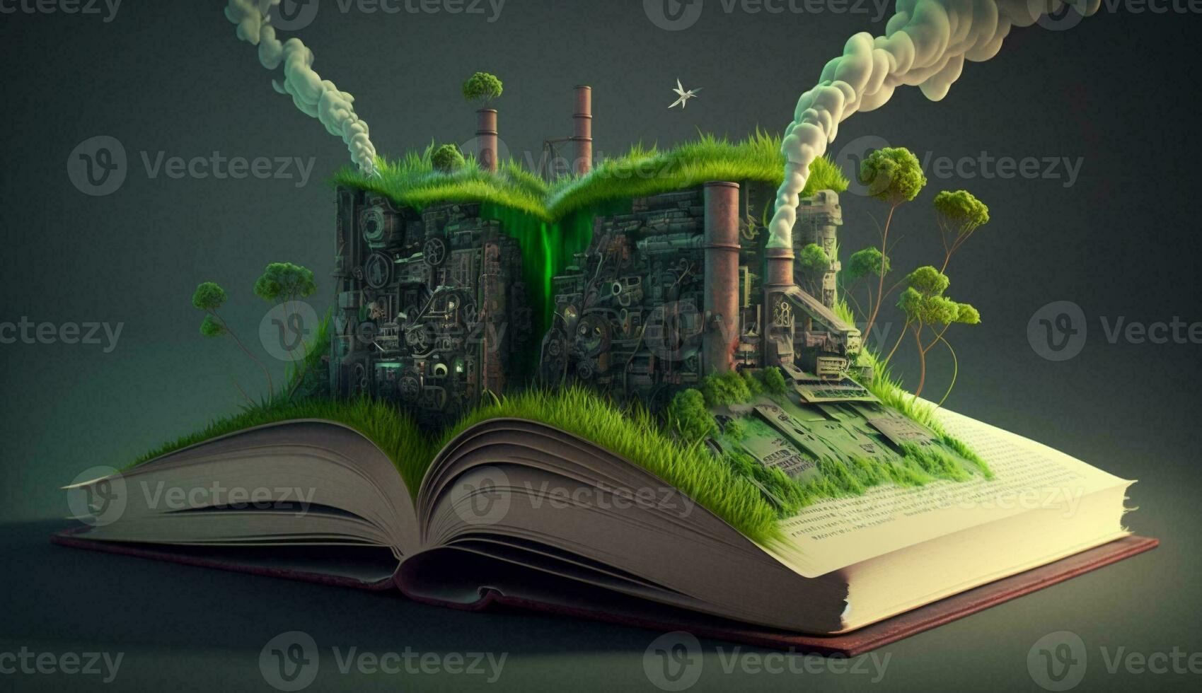 un Aperto fantasia libro illustrazione su il di fronte lato di il vecchio industriale design inquinanti con verde energia e sicuro terra. ai generativo. foto