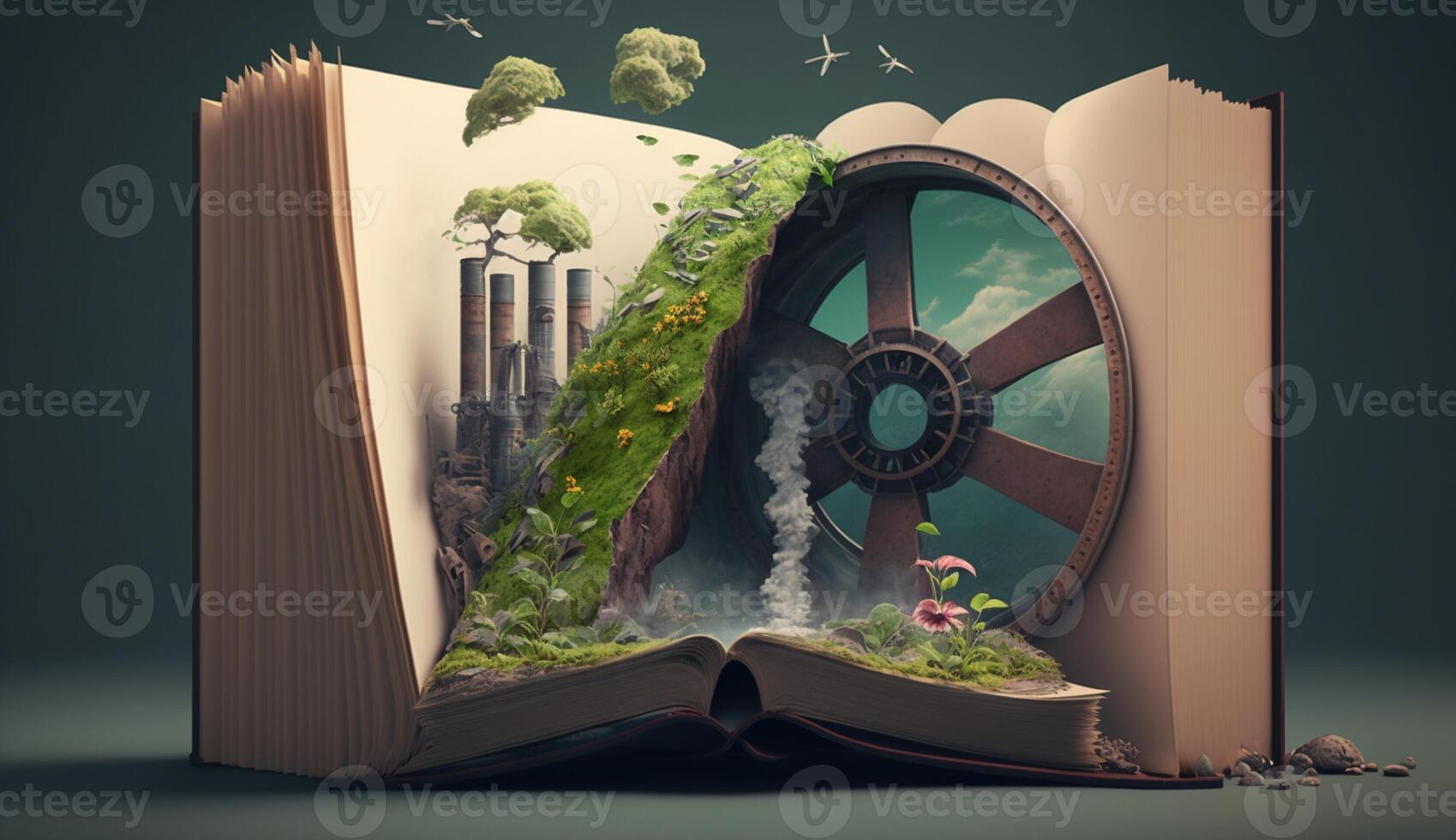 un Aperto fantasia libro illustrazione su il di fronte lato di il vecchio industriale design inquinanti con verde energia e sicuro terra. ai generativo. foto