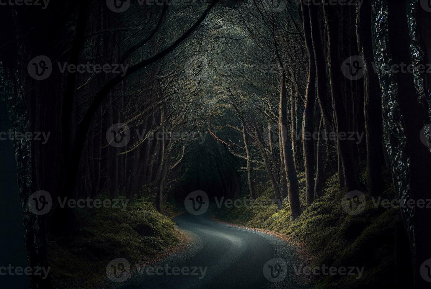 Immagine di un' strada nel il buio foresta. generativo ai. foto