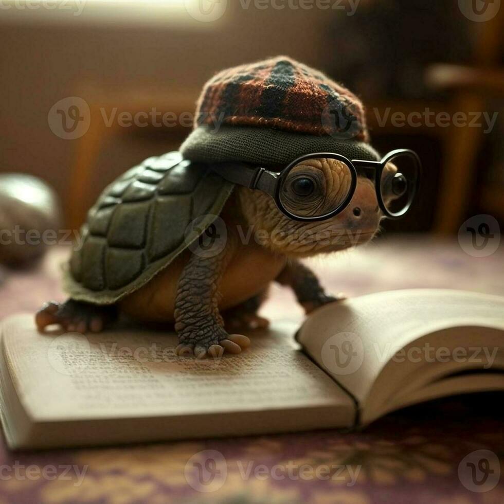 un' tartaruga indossare bicchieri e un' cappello legge libri. generativo ai. foto