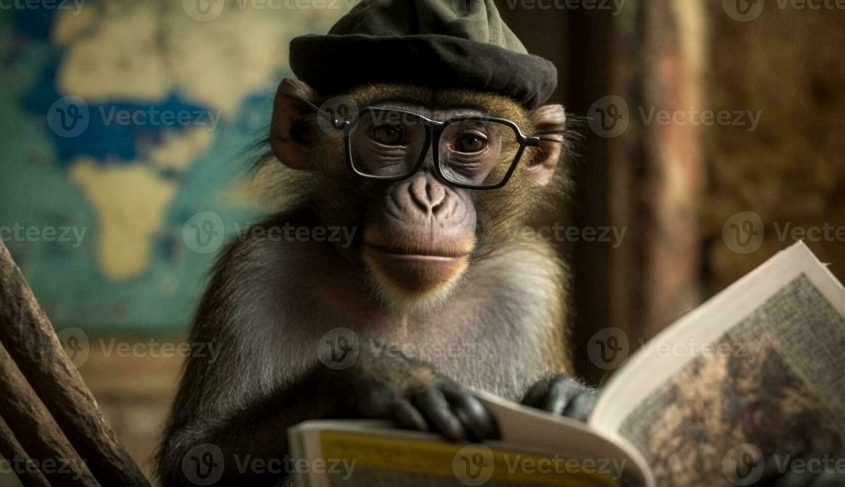 un' freddamente vestito scimmia indossare un' cappello e bicchieri si siede e legge un' libro. generativo ai. foto