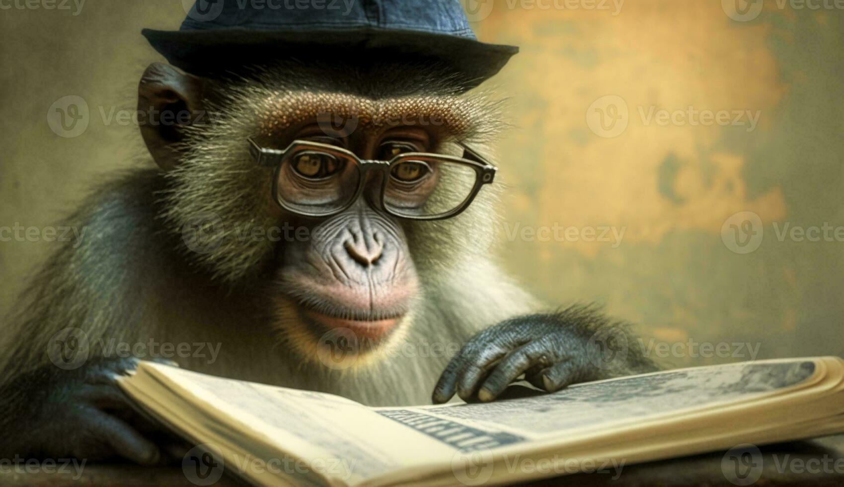 un' freddamente vestito scimmia indossare un' cappello e bicchieri si siede e legge un' libro. generativo ai. foto
