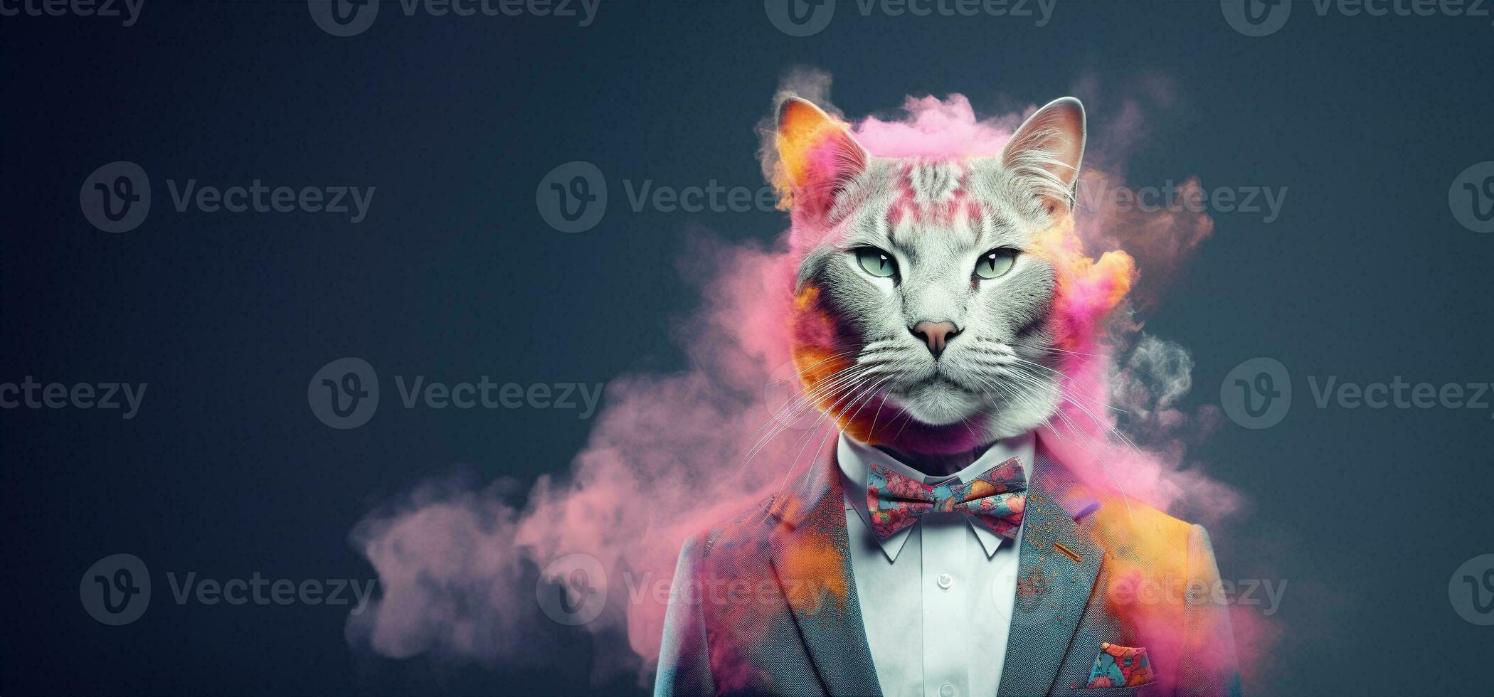 davanti Visualizza di un' gatto indossare un' completo da uomo in piedi animato scoppiare. ai generativo. foto