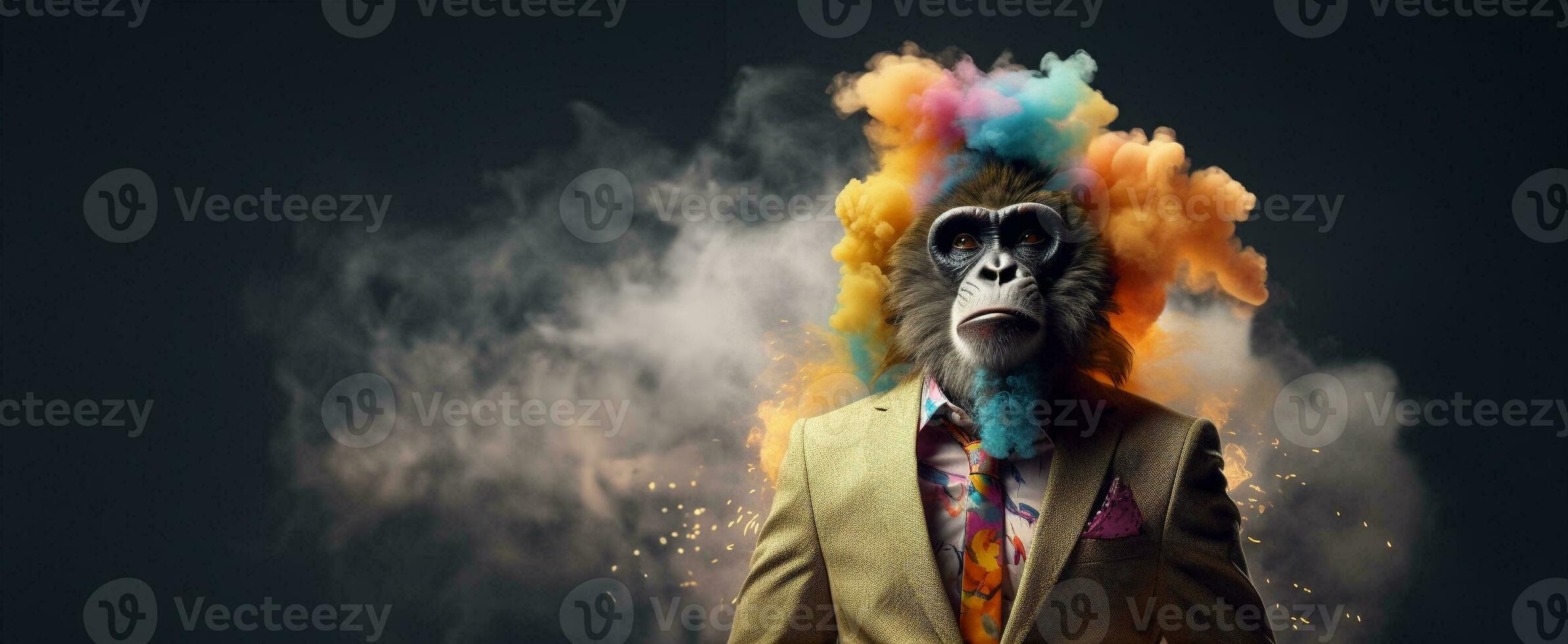davanti Visualizza di un' scimmia indossare un' completo da uomo in piedi animato frese. ai generativo. foto