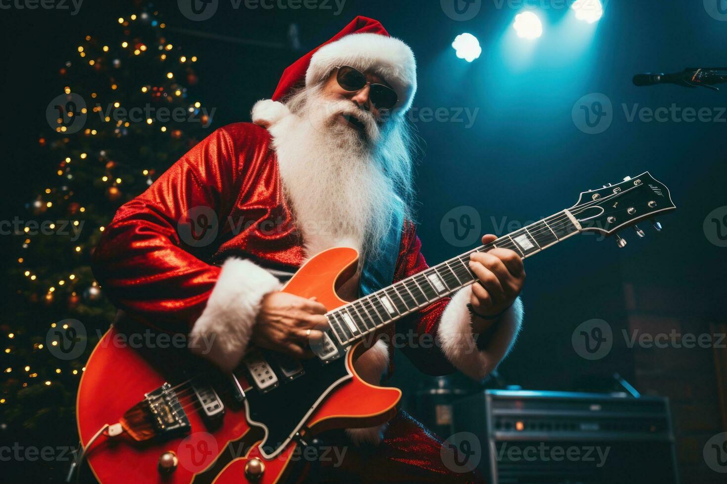 Santa Claus su palcoscenico con roccia chitarra a Natale festa. generativo ai foto