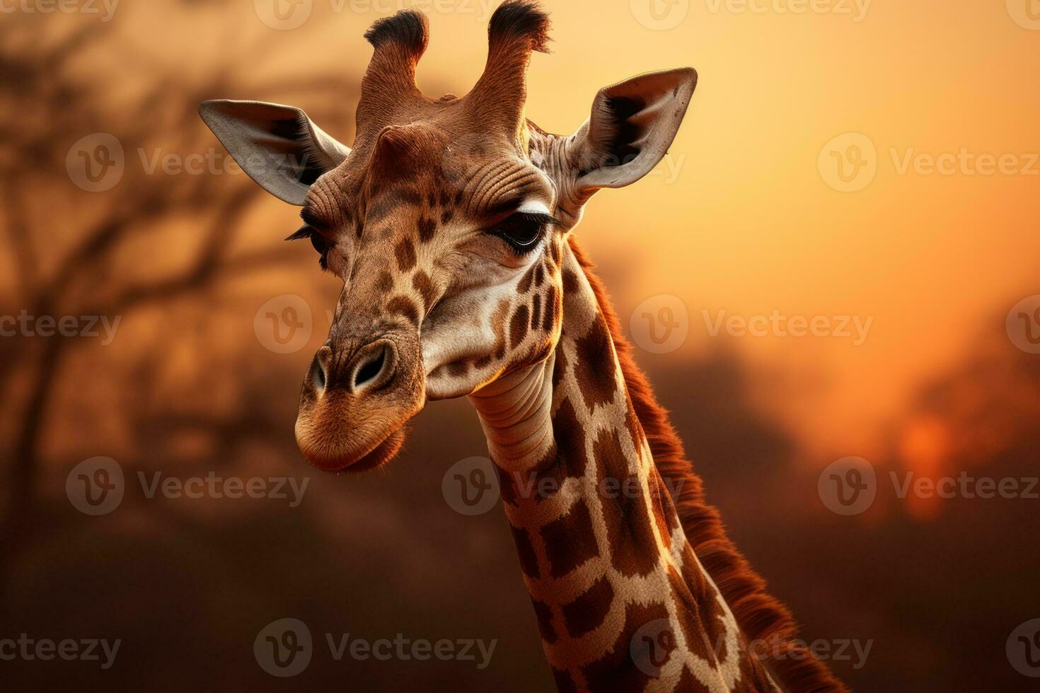 grazioso giraffa contro il africano tramonto, suo lungo collo elegantemente esteso, con il caldo tonalità di il cielo e il silhouette di acacia alberi nel il sfondo. generativo ai foto