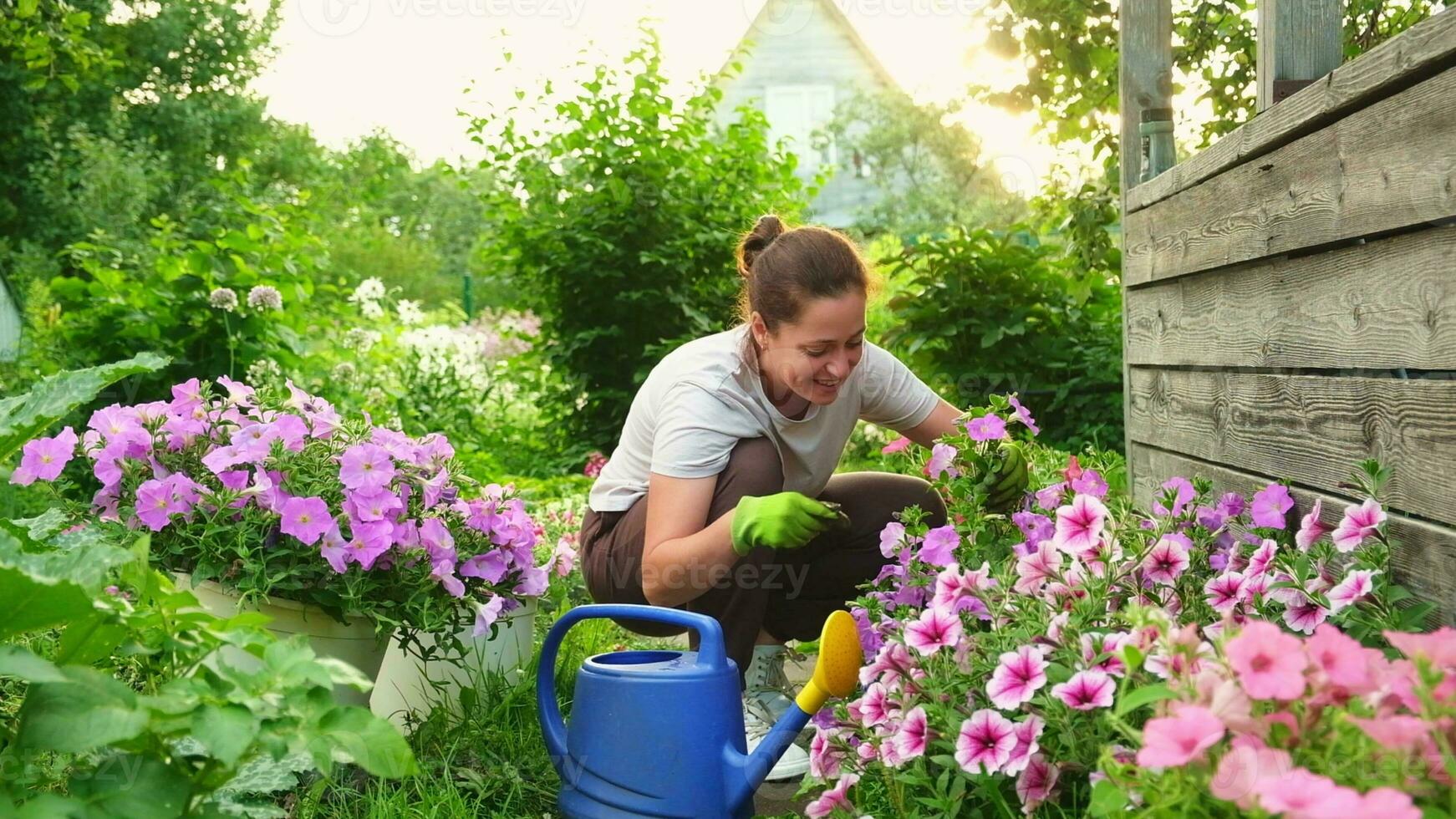 giardinaggio e agricoltura concetto. giovane donna azienda agricola lavoratore giardinaggio fiori nel giardino. giardiniere piantare fiori per mazzo. estate giardinaggio opera. ragazza giardinaggio a casa nel Giardino dietro la casa. foto