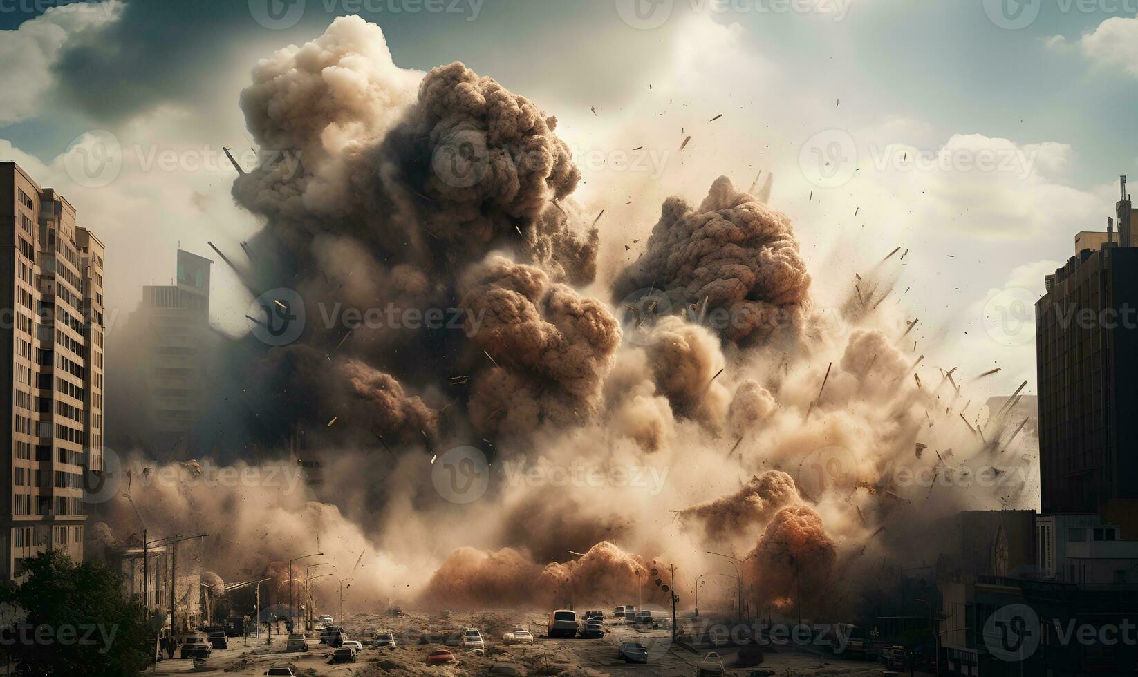 grande esplosione con grande sporco Fumo su il città guerra generativo ai foto