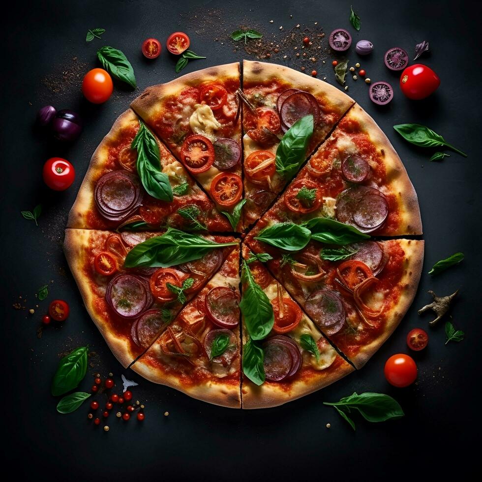 Pizza quello sembra delizioso Visualizza a partire dal sopra, generativo ai foto