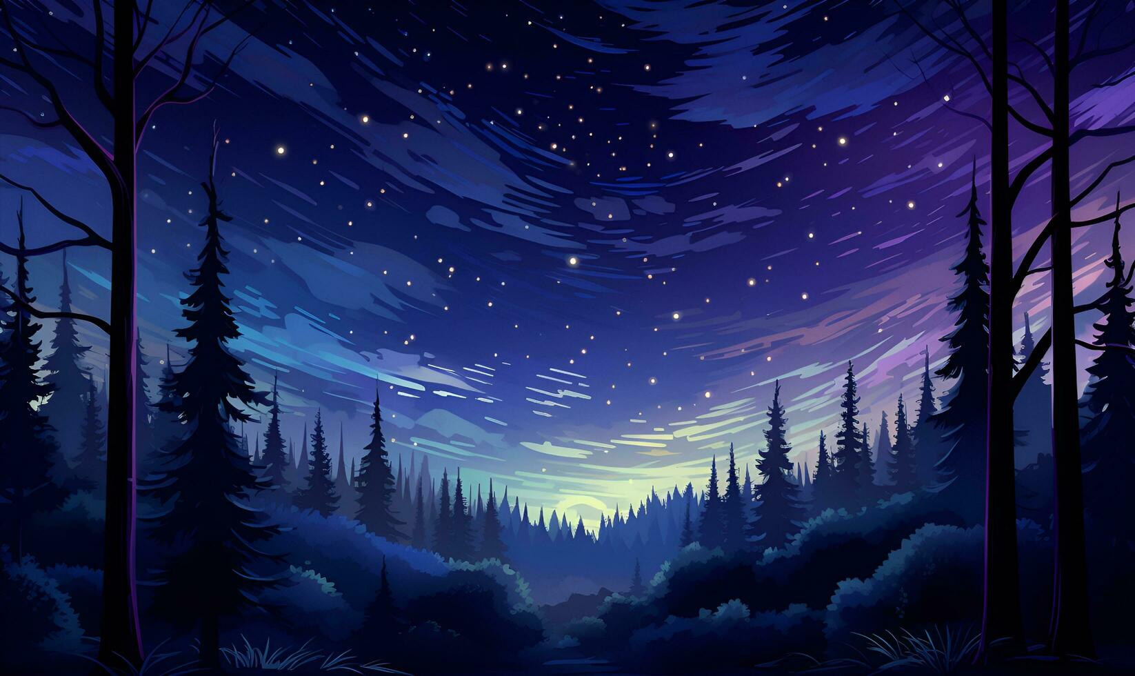 bellissimo foresta e notte cielo la pittura, ai generativo foto