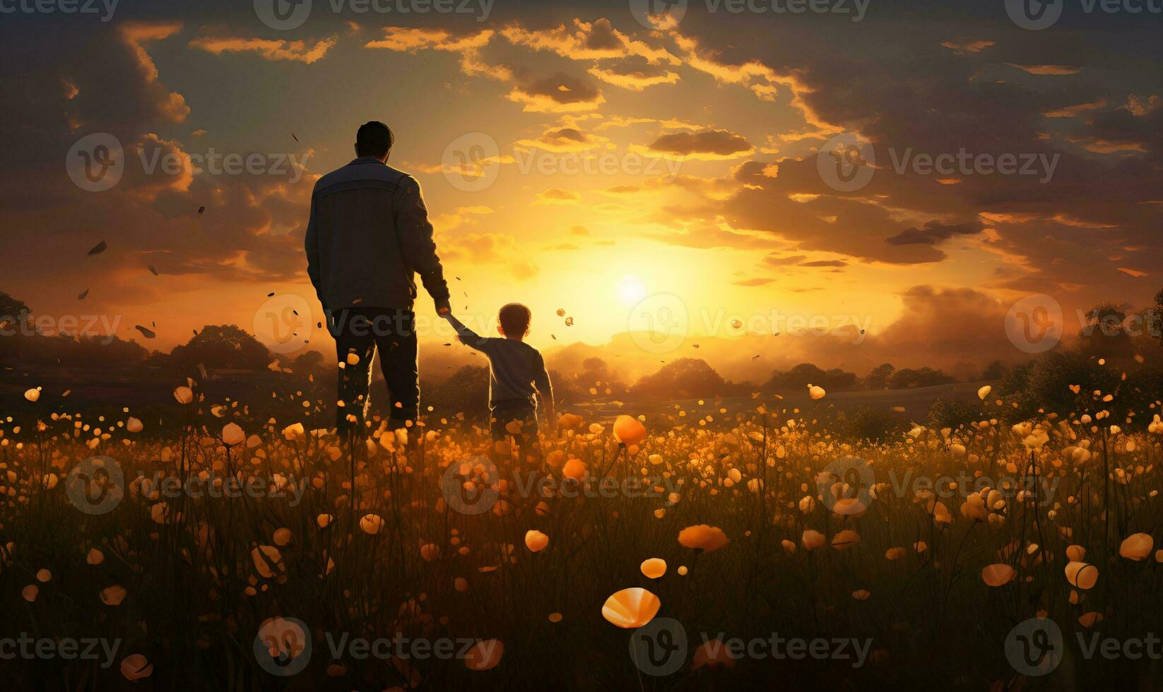 padre e figlio silhouette nel fiore campo a tramonto, ai generativo foto