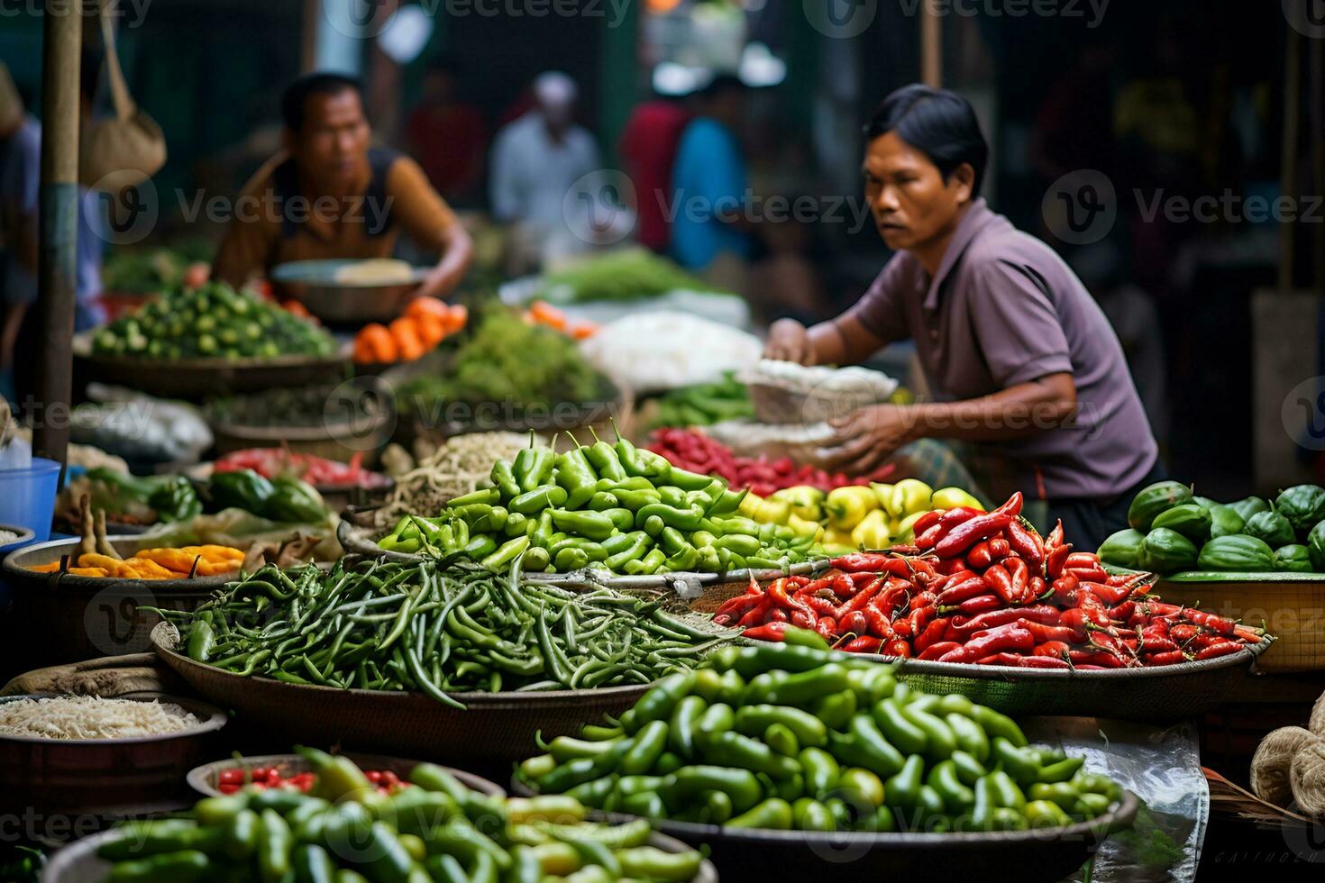 Visualizza di fornitori vendita fresco cibo nel tradizionale mercato ai generativo foto