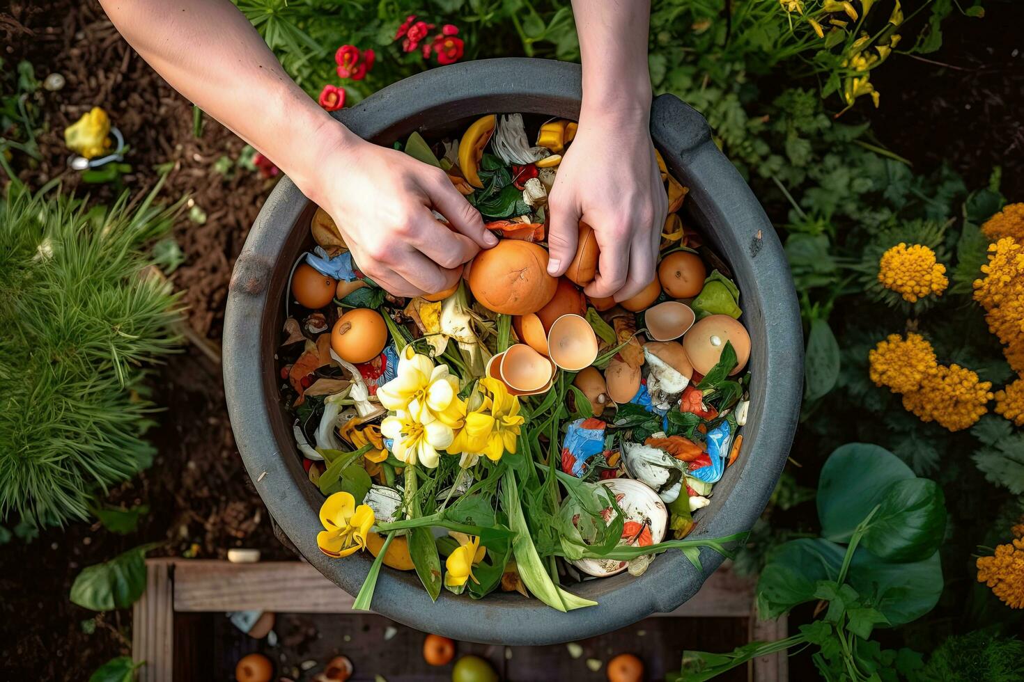superiore Visualizza di compostaggio cibo rifiuto nel Giardino dietro la casa concime bidone giardino , generativo ai. foto