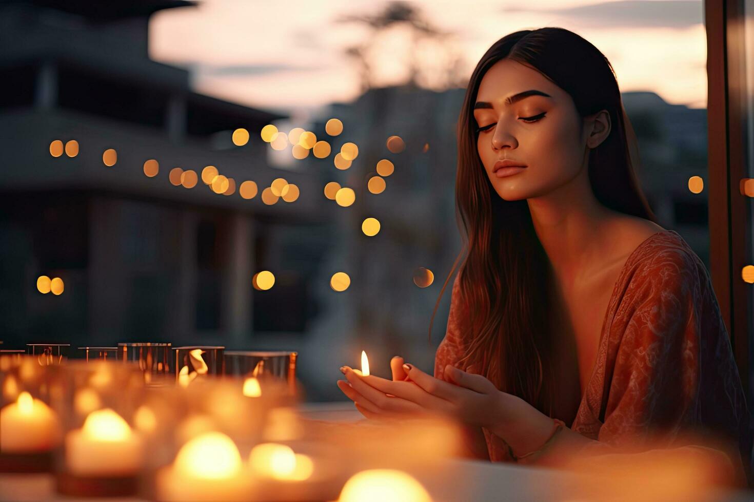 un' giovane donna Meditare su il terrazza di sua Casa circondato di candele a crepuscolo per Ottimizzare sua mentale Salute , generativo ai foto