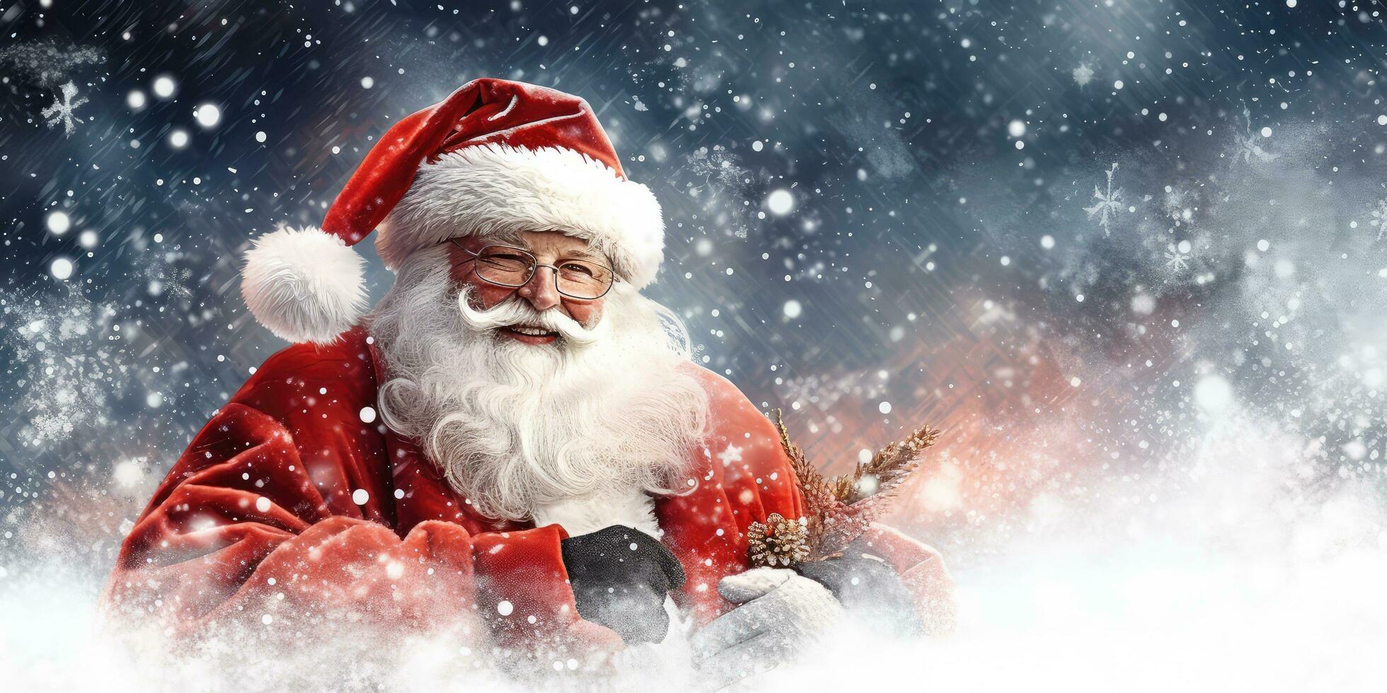 contento Santa Claus su un' rosso bandiera , nel il neve con spazio per copyspace ,generativo ai. foto