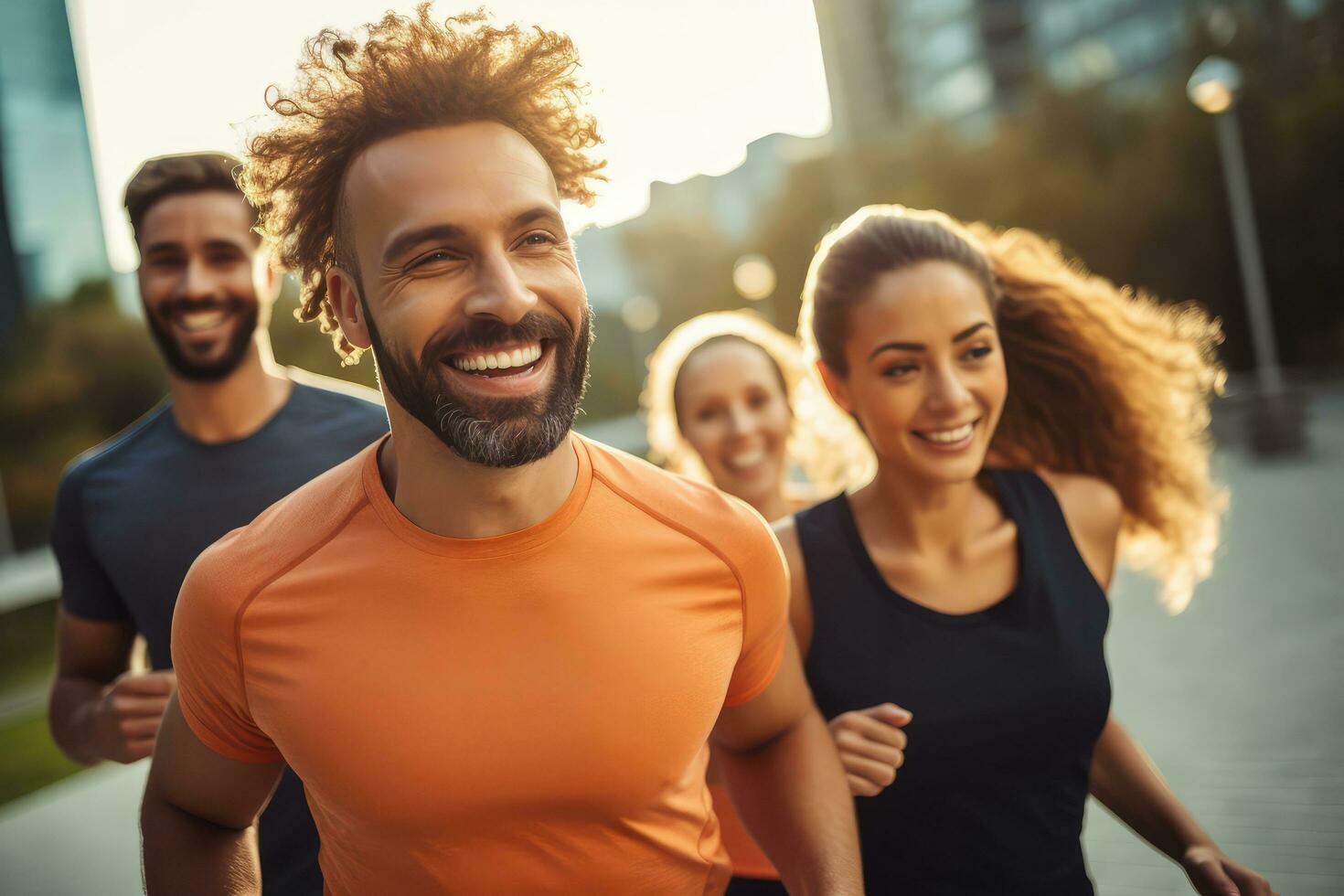 gruppo di amici jogging insieme a città parco, generativo ai. foto