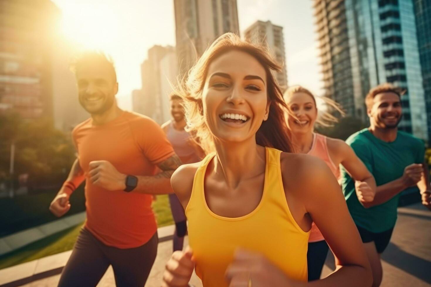 gruppo di amici jogging insieme a città parco, generativo ai. foto