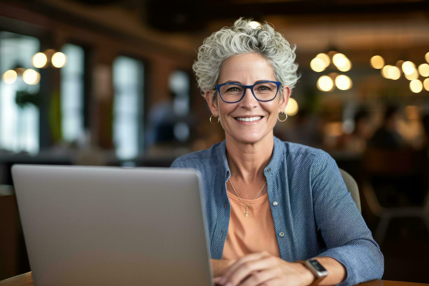 contento maturo adulto attività commerciale donna esecutivo seduta a scrivania utilizzando portatile, generativo ai. foto