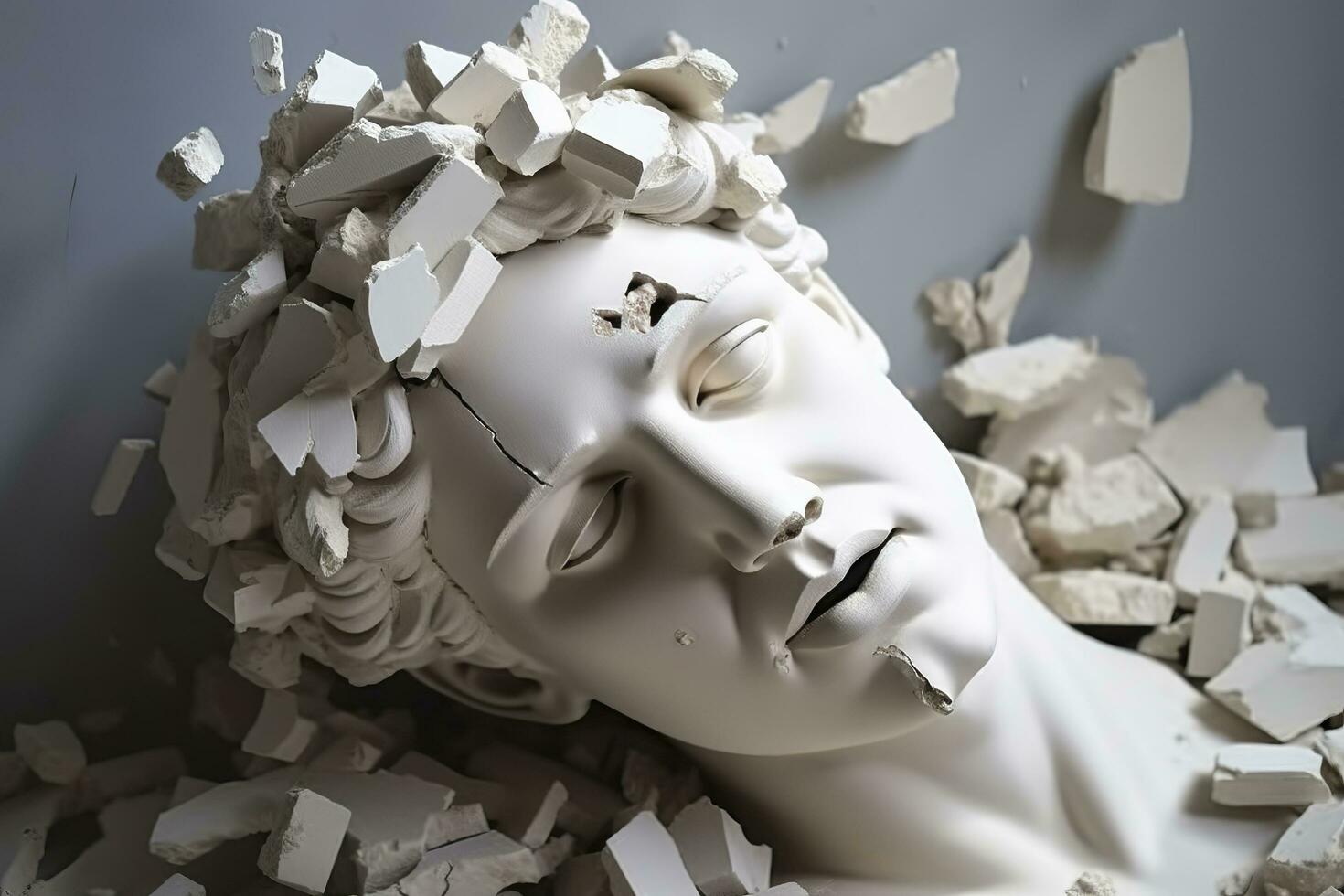 rotto antico greco statua testa caduta nel pezzi. rotto marmo scultura, screpolatura rompersi, concetto di depressione, memoria perdita, mentalità perdita o malattia. ai generativo foto