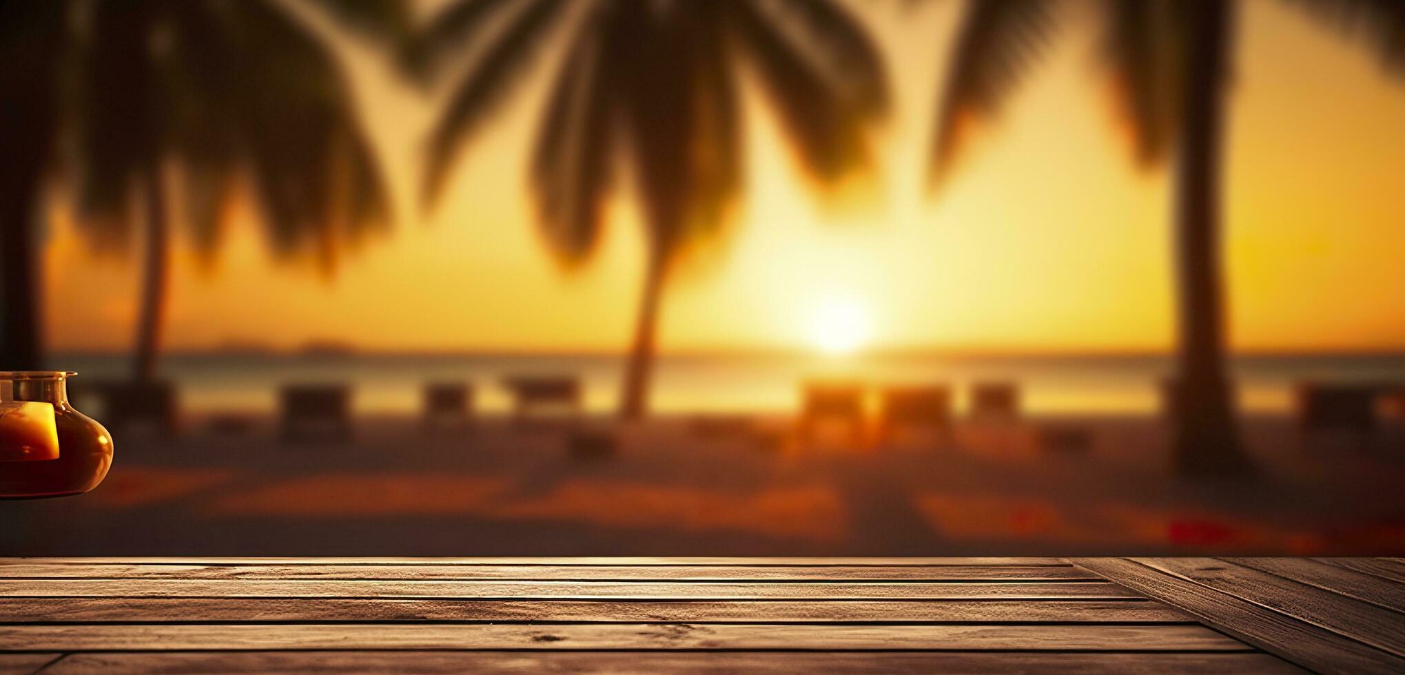 vuoto di legno tavolo nel davanti di sfocato tropicale spiaggia su tramonto sera. di legno sfondo nel spiaggia. ai generativo foto