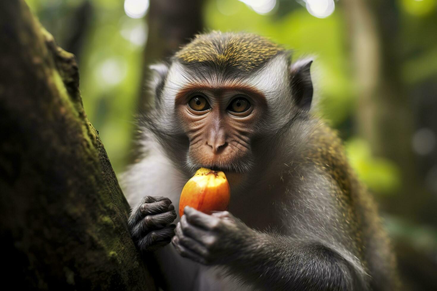 vicino su di scimmia mangiare frutta nel il giungla. generativo ai foto