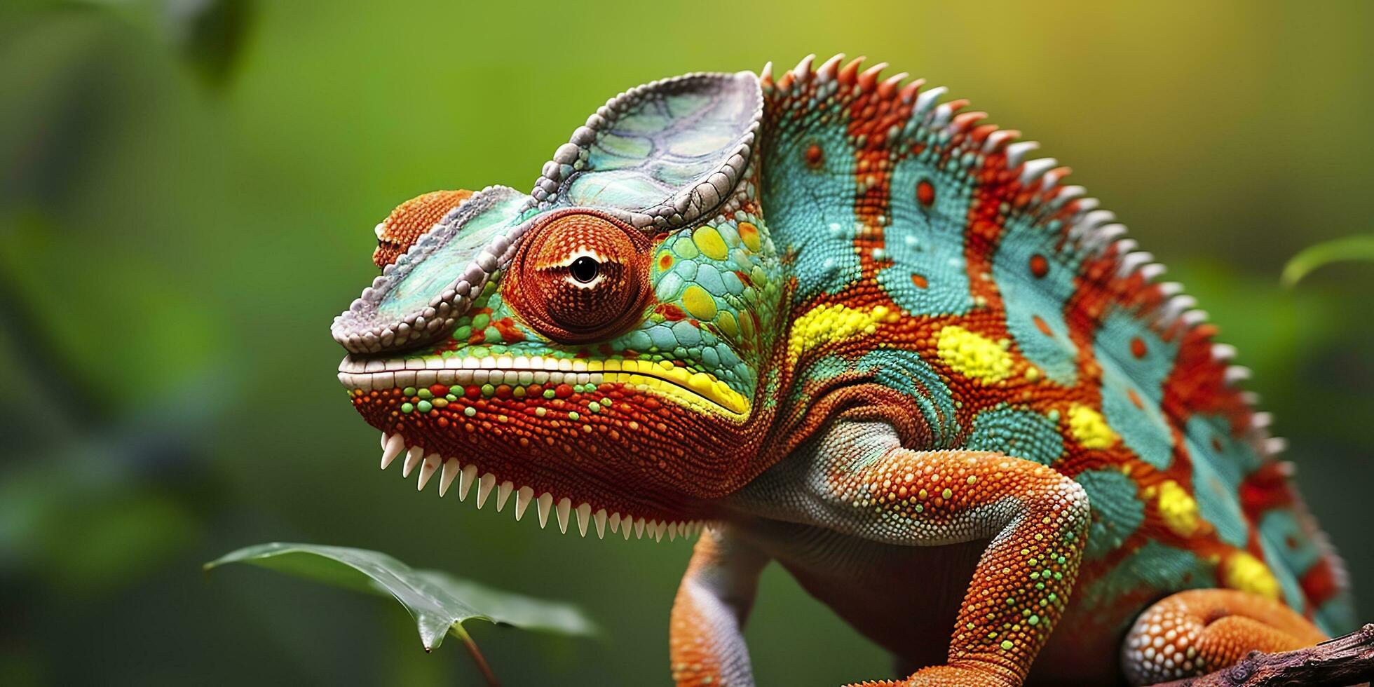 un' colorato vicino su camaleonte con un' alto cresta su suo testa. generativo ai foto