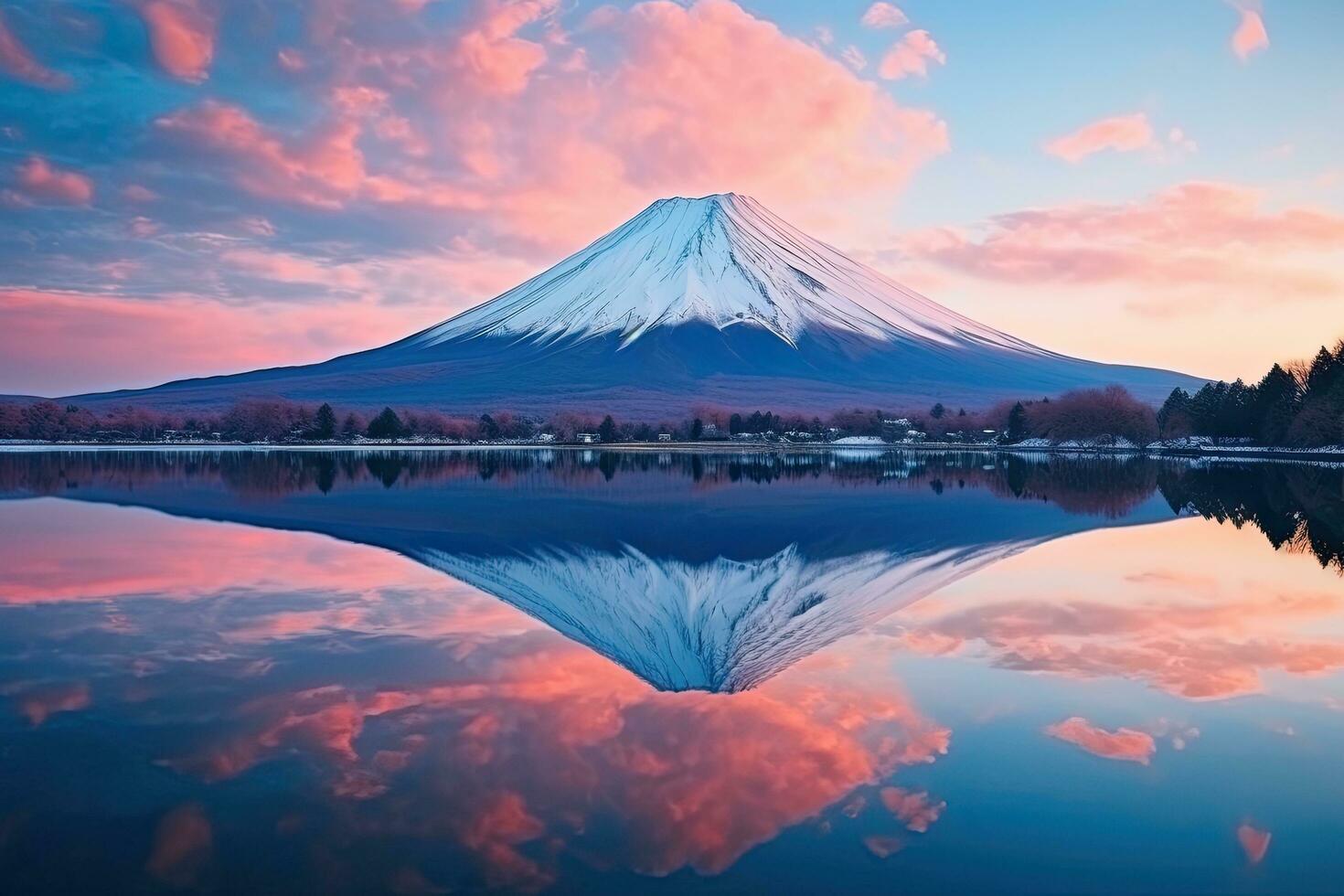 mt fuji a lago Kawaguchiko nel Giappone a tramonto. bellissimo panoramico paesaggio di montagna fuji o Fujisan con riflessione su Shoji lago a alba con crepuscolo cielo, Giappone, ai generato foto