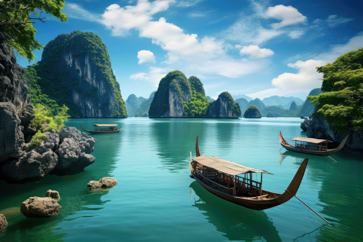 bellissimo paesaggio con coda lunga Barche nel halong baia, Vietnam, bellissimo paesaggio halong baia Visualizza a partire dal adove il bo tesoro isola, ai generato foto