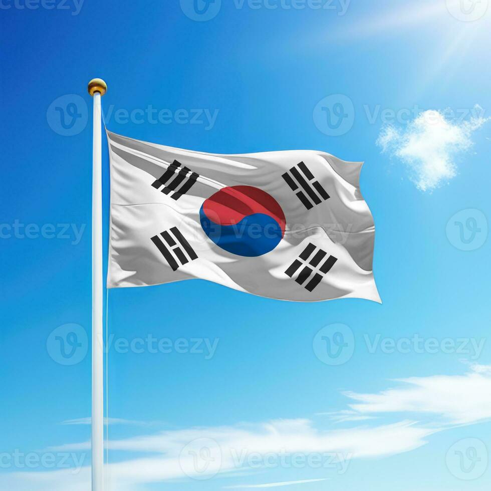 agitando bandiera di Sud Corea su pennone con cielo sfondo. foto