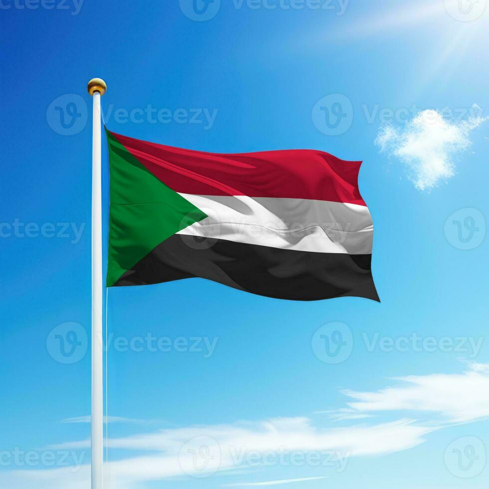 agitando bandiera di Sudan su pennone con cielo sfondo. foto