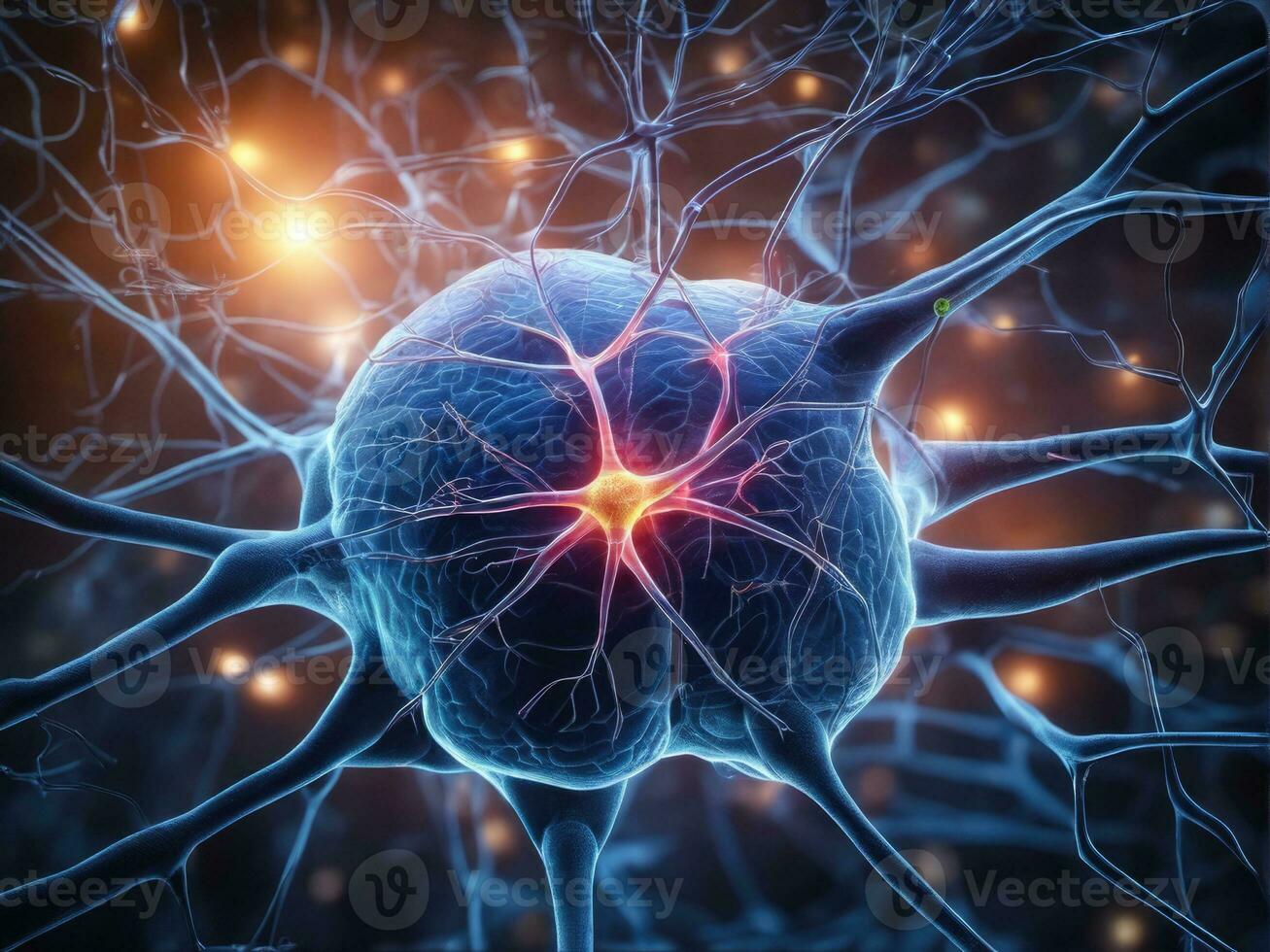 neuroni comunicare con ogni altro utilizzando elettrochimico segnali, nervo cellula, ai generato foto