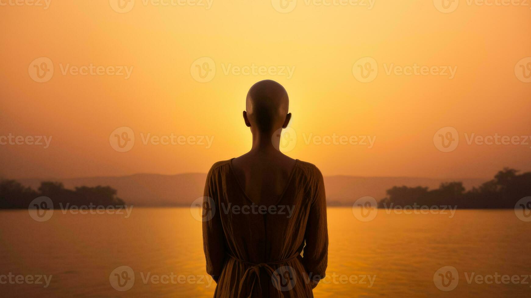 un' riflessivo cancro paziente guardando a un' tramonto isolato su un' malinconico pendenza sfondo foto