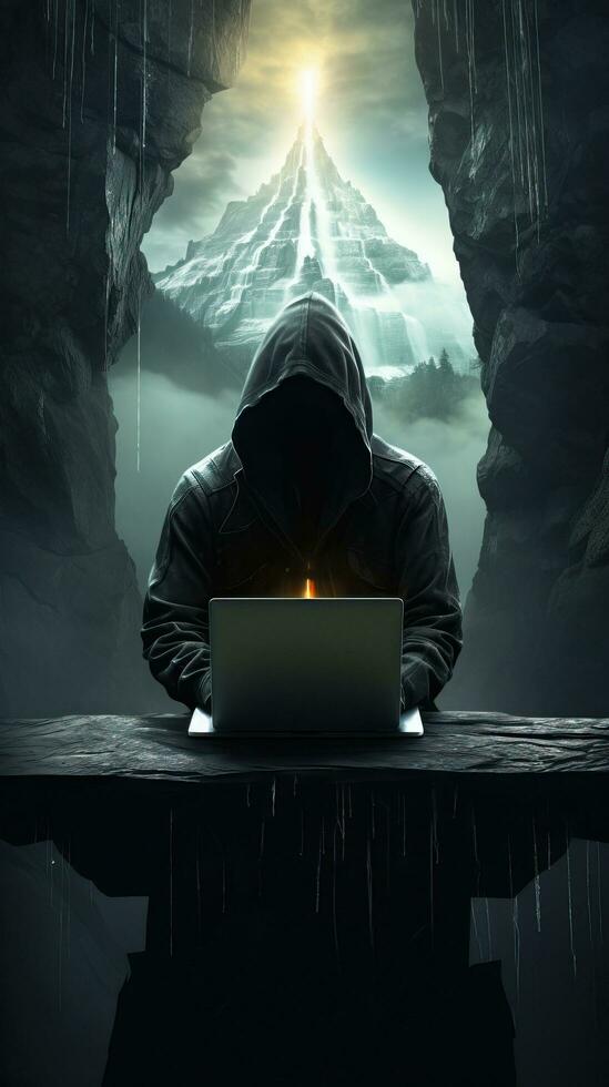 pirata digitando su il computer portatile anonimo concetto. generativo ai foto