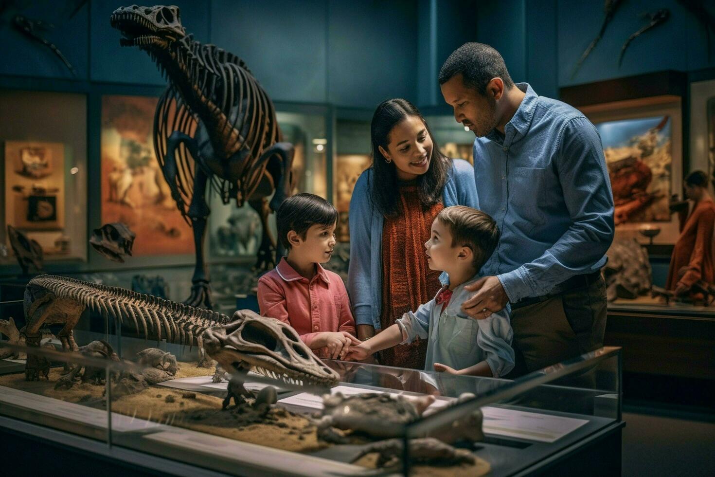 un' papà e il suo famiglia visitare un' Museo foto