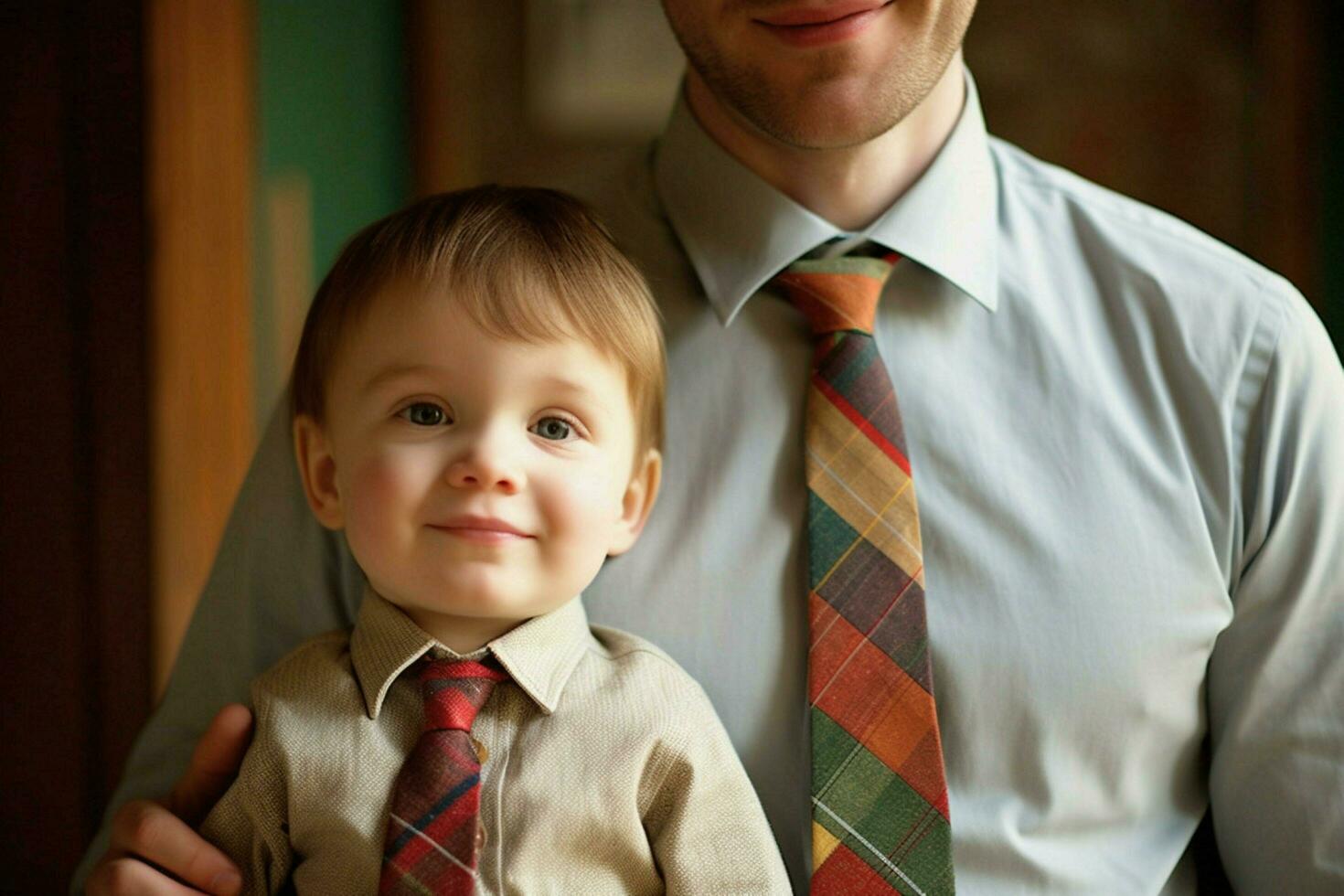 un' papà indossare un' fatto a mano cravatta fatto di il suo bambino foto