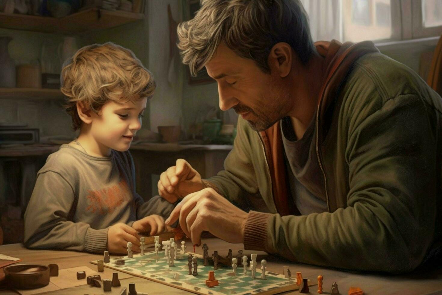 un' padre e bambino giocando un' tavola gioco foto