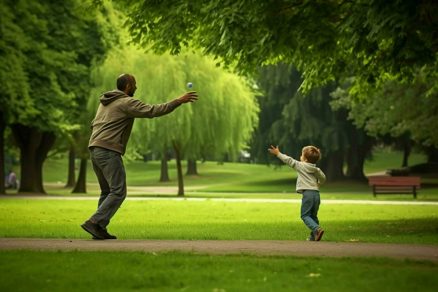 un' padre e bambino giocando catturare nel il parco foto