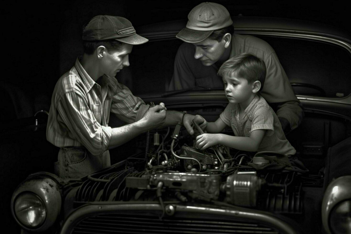 un' padre e figlio Lavorando su un' auto insieme foto