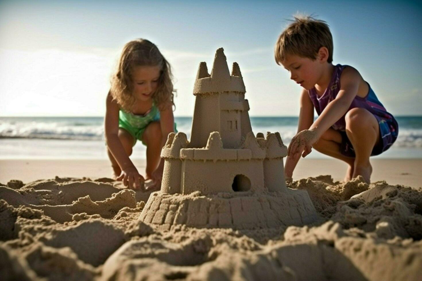 bambini edificio castelli di sabbia su il spiaggia foto