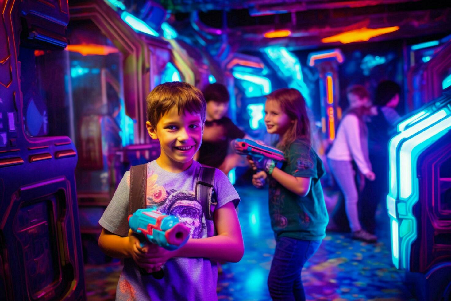 bambini godendo un' gioco di laser etichetta foto